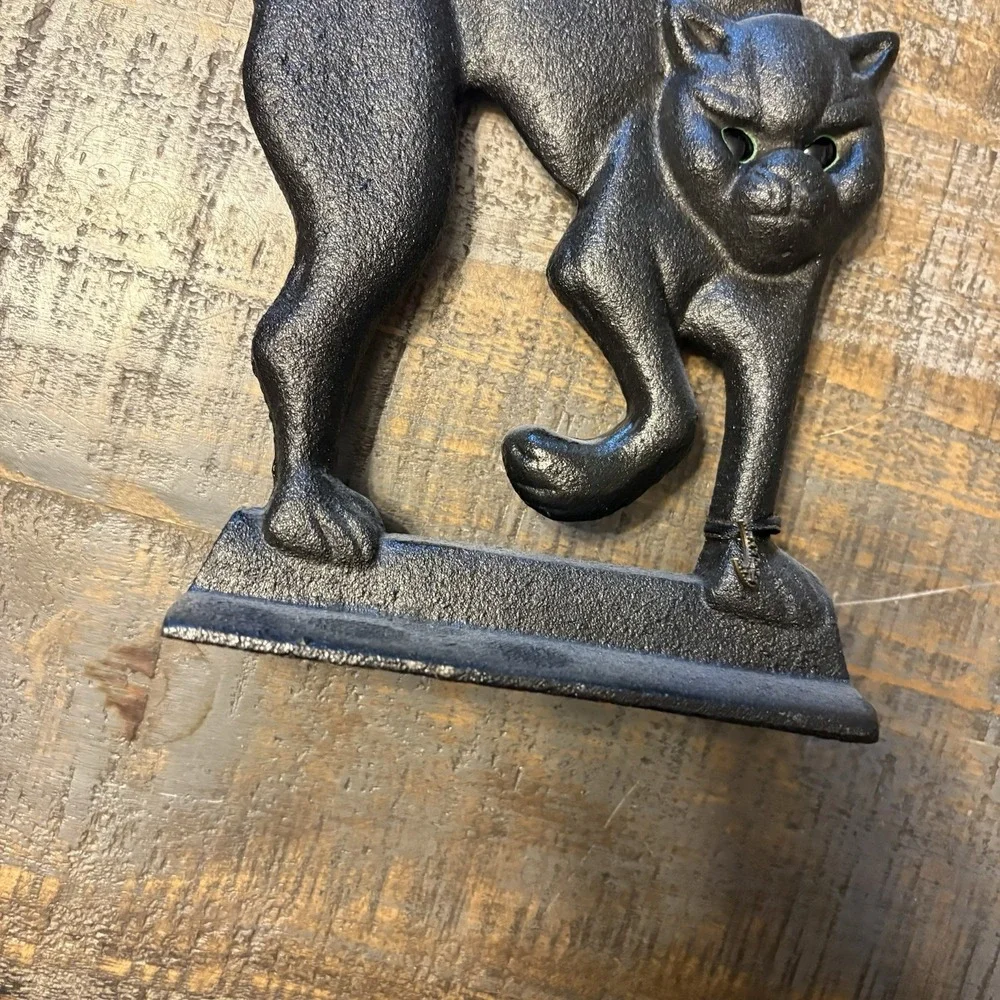 Vintage Cast Iron Door Stop Black Cat Spooky Feline Heavy 11